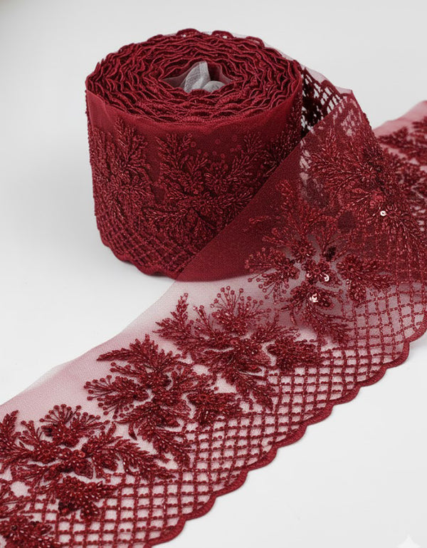 Aurora Blossom Beaded Border Lace - (Maroon)